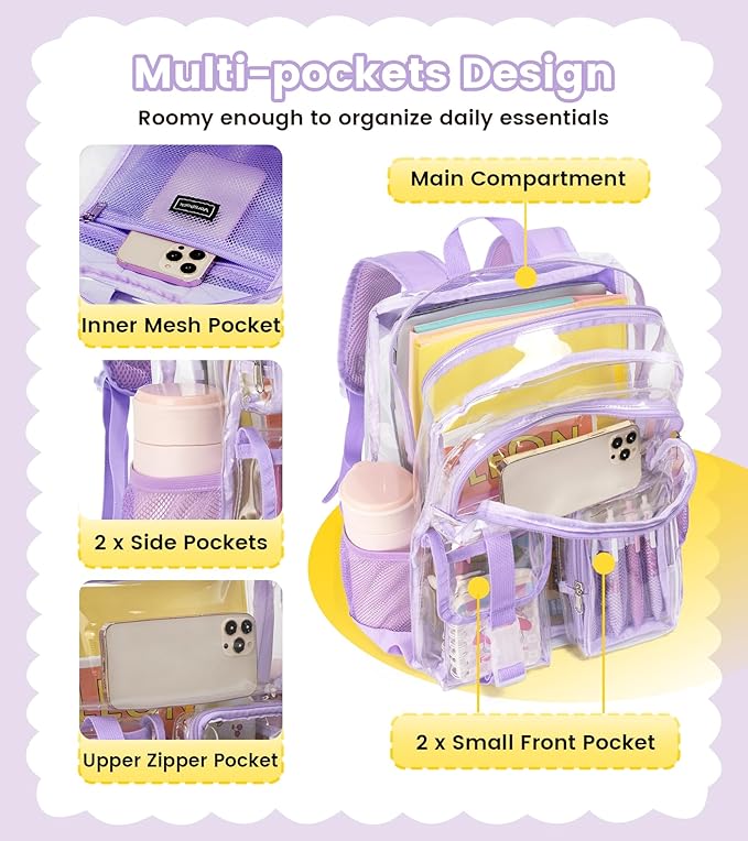 Vorspack Clear Backpack for School - Heavy Duty Transparent Bookbag for Girls Boys Large See Through backpacks for Work, College, Travel - Purple