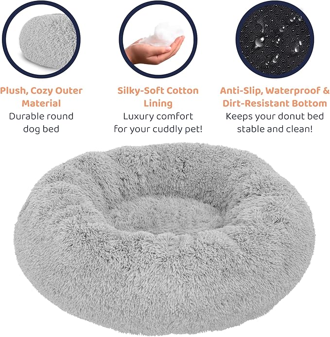 Donut Dog Bed - Premium Comfort for Anxiety Relief - Fluffy & Calming Design with Ultra-Plush Support | Cozy Round Dog Bed with Super Soft Circle Style (Grey, Large)