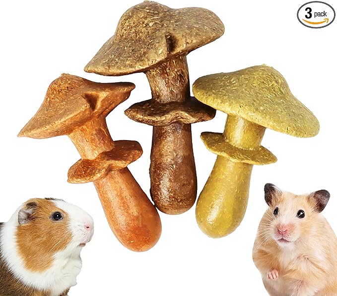 TEEWY 3PCS Guinea Pig Chew Toys, Prevent Teeth Overgrowth, Natural Timothy Grass & Vegetables, Hamster Chew Toys, Guinea Pig Toys, Chinchilla Toys, Mushroom-Shaped
