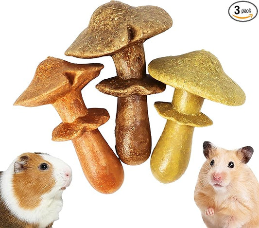 TEEWY 3PCS Guinea Pig Chew Toys, Prevent Teeth Overgrowth, Natural Timothy Grass & Vegetables, Hamster Chew Toys, Guinea Pig Toys, Chinchilla Toys, Mushroom-Shaped