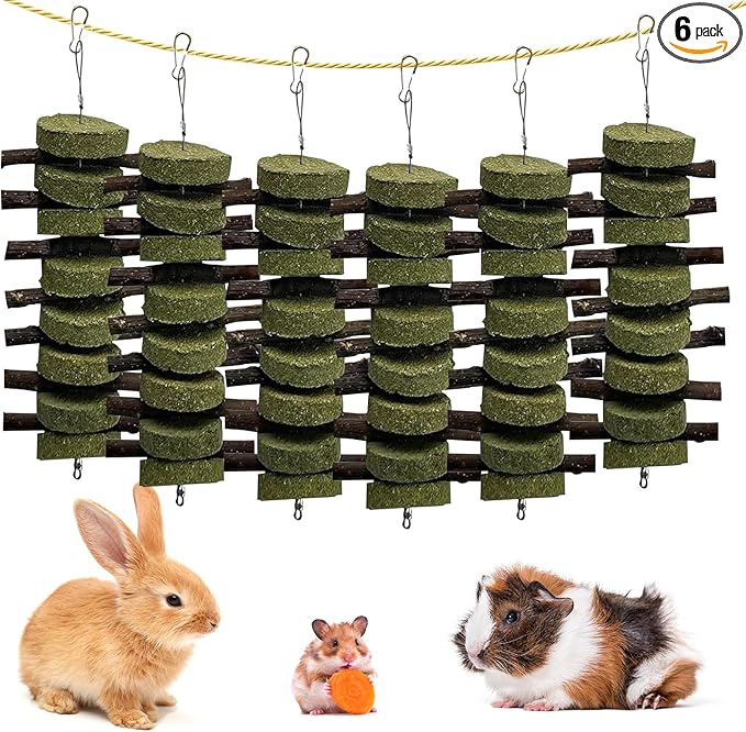 kathson 6 PCS Bunny Chew Toys for Teeth Grinding, Chinchilla Treats Organic Bamboo Sticks Natural Fruitwood Branches for Rabbits Guinea Pigs Hamsters (Fruitwood Sticks+Alfalfa Cakes)