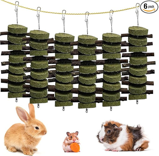kathson 6 PCS Bunny Chew Toys for Teeth Grinding, Chinchilla Treats Organic Bamboo Sticks Natural Fruitwood Branches for Rabbits Guinea Pigs Hamsters (Fruitwood Sticks+Alfalfa Cakes)