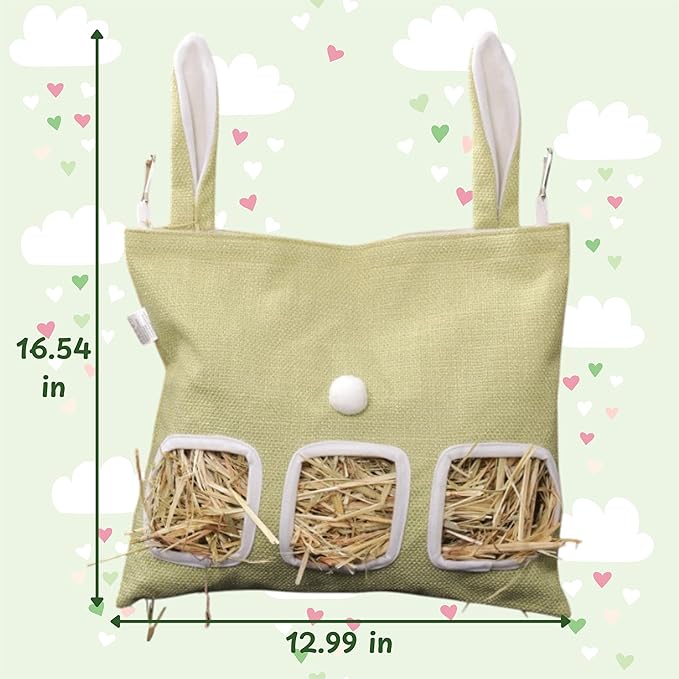 Cute Hanging Rabbit Hay Feeder Bag, Guinea Pig Hay Bag, Bunny Feeders Holder Storage For Small Pets Bunnies Chinchilla Hamster Rats, Guinea Pig Accessories For Cage, Bunny Accessories For Cage (Green)