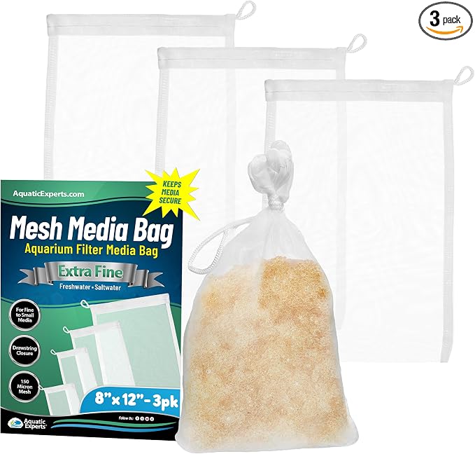 Aquatic Experts Extra Fine Aquarium Media Bag, Durable Drawstring Bags for Fish Tank Filters,150 Micron Mesh, (Extra Fine, 8" x 12" - 3 Pack)