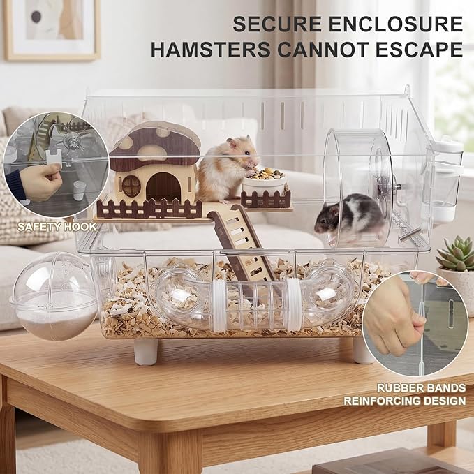 Loungewave Acrylic Hamster Cage, 8 in 1 Gerbil Cage with Accessories, Dwarf Hamster Cage with Full Transparent Viewing, Clear View Inside Easy to Clean, Excellent Ventilation, Mushroom House Style