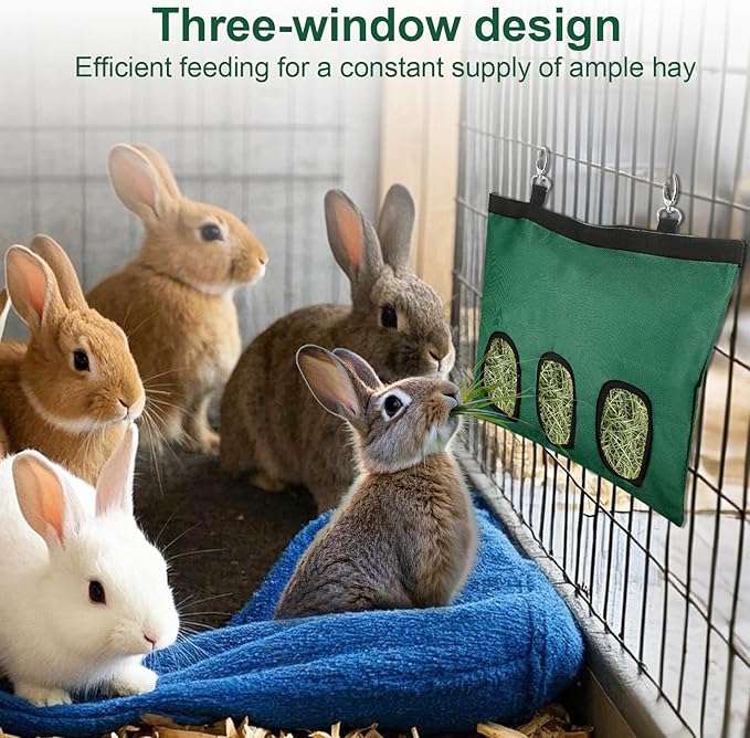2 Pcs Rabbit Hay Feeder,Guinea Pig Hay Feeder,13×10.8 Inch Guinea Pig Bag,Small Animal Feeding Bag for Rabbits, Hamsters, Hedgehogs(3 Holes,Green)