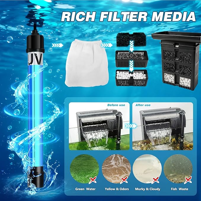 Large Hang on Back Aquarium Filter 344GPH for 40-150 Gallon Fish Tank, U-V Light Big Canister w/ Filters High Flow 5-Stage Green Killing Deodorization Machine Keep Fresh& Saltwater Water Crystal Clear
