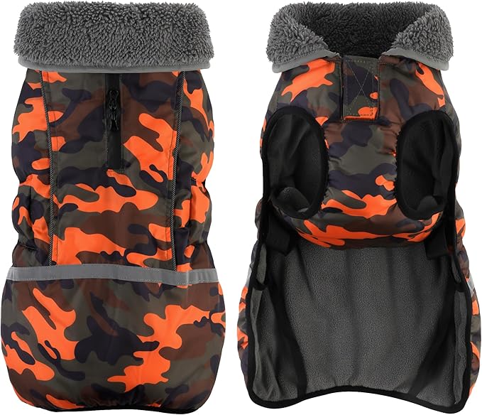 Dogcheer Warm Dog Coat, Waterproof Dog Jacket Christmas Puppy Winter Coat with Buckle, Reflective Adjustable Pet Snow Jacket Turtleneck Fleece Sweater for Small Medium Large Dogs - Orange Camo, L