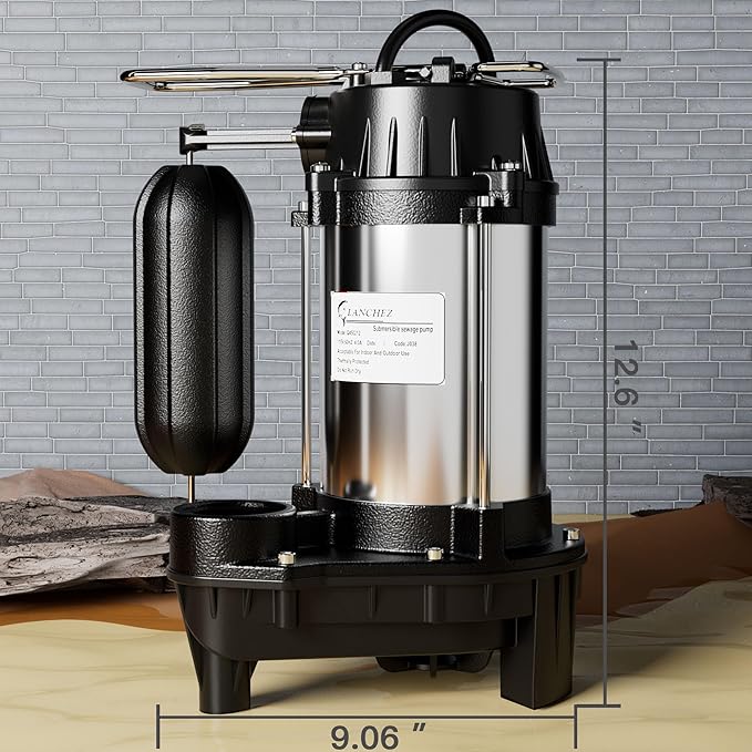 LANCHEZ 1/2 HP 5200 GPH Submersible Sump Pump Cast Iron and Stainless Steel with Integrated Vertical Float Switch, Sewage/Effluent Pump for Basement, Basin, Sewage System, 1-1/2" NPT Discharge