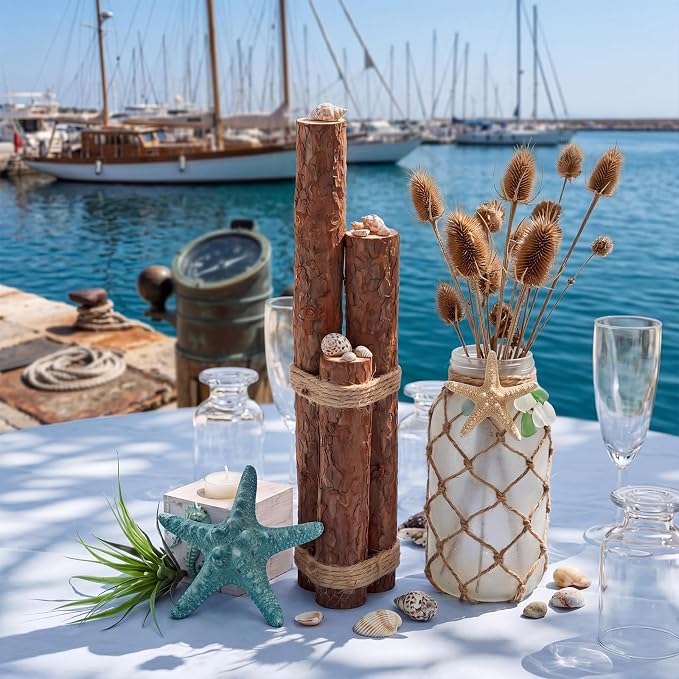 Novabright 6pcs Large Brown Driftwood Piling Decor 12 Inch Rustic Wood Table Sign Beach Driftwood Piling Farmhouse Nautical Coastal Centerpieces Tables Decor for Fish Tanks Summer Kitchen Dining