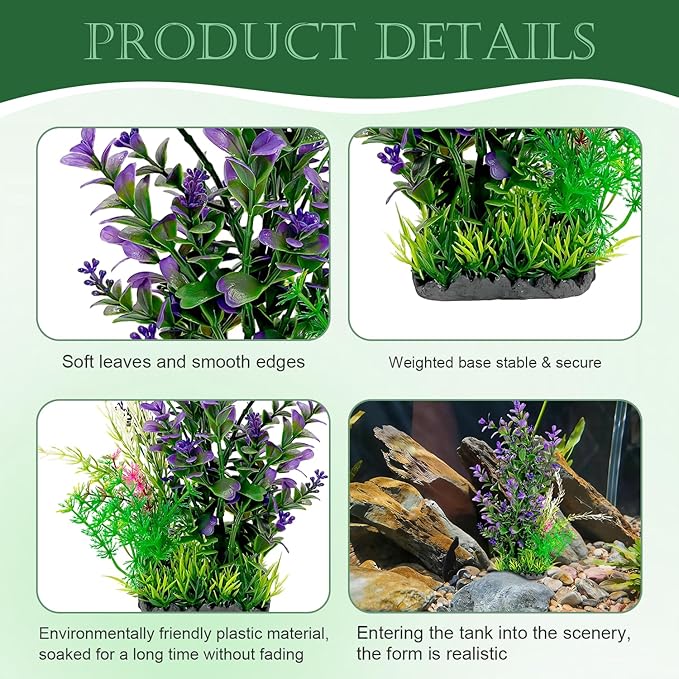 Aquarium Plants (2-Pack) Artificial Plastic Fish Fish Habitat Decor, Small to Moderate Size Aquarium Decorations, Safe Green Plants for Freshwater Tanks (Purple & Green Mix)