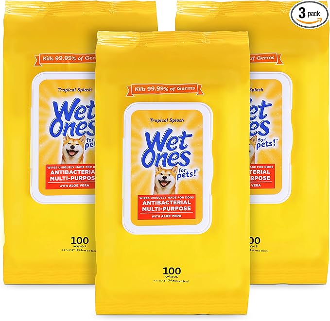 Wet Ones for Pets Multipurpose Dog Wipes with Aloe Vera, Tropical Splash Scent - Pet Bathing Wipes with Wet Lock Seal for Dog Paws and All-Over Use, 100 Count - 3 Pack