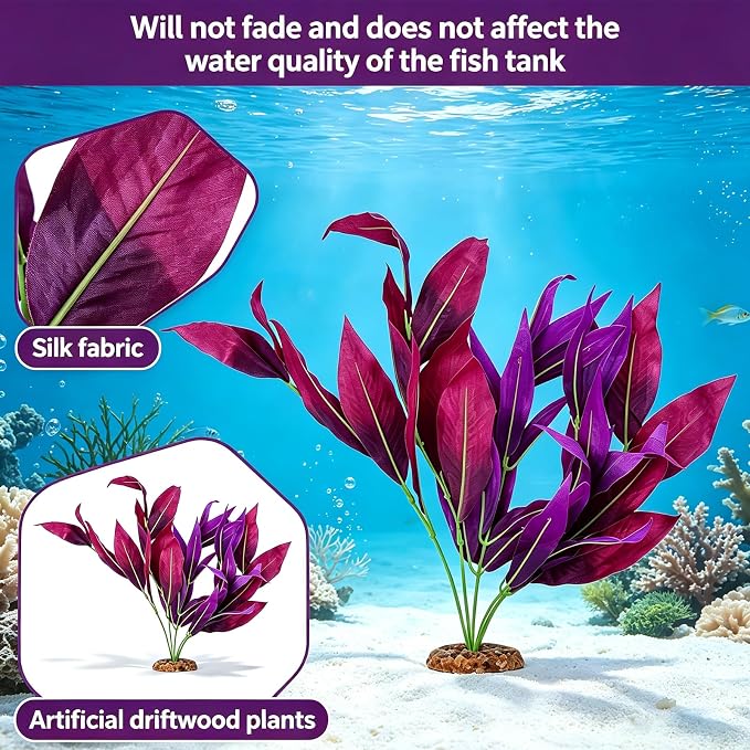 2PCS Silk Aquarium Plants, 14In Purple Silk Fish Tank Plants Decorations