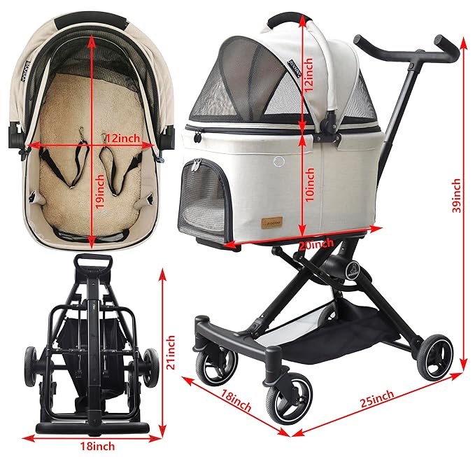 ROODO 2026 Upgraded Version 3 in 1 Dog Cat Stroller with Detachable Carrier Lightweight Folding Portable All Terrain Pet Travel System Puppy Kitty Doggie Bunny Stroller for 30lbs (Light Grey)