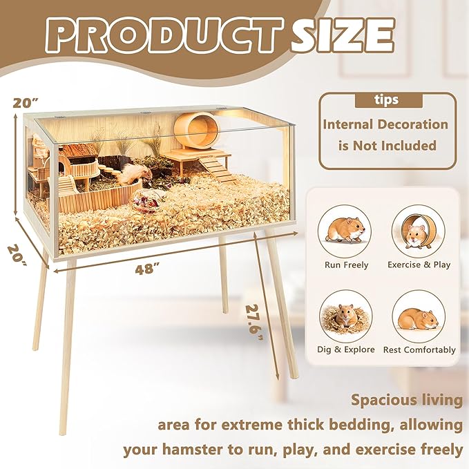 PROLEE Hamster Cage with Legs, Guinea Pig Cages Chew Proof, Hamster House, Hamster Cages and Habitats, Small Animal Cage, 48" L x 20" W x 47.5" H