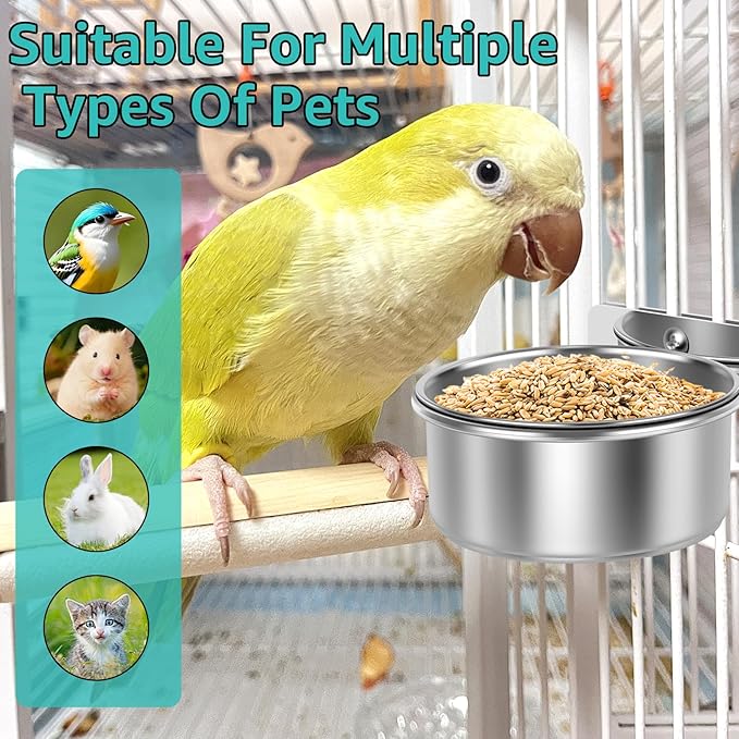 8 PCS Stainless Steel Bird Feeding Bowls, Bird Water Bowls with Clamp Holder, Parrot Food Dish Cups,Parrot Cage Coop Feeders for Cockatiels,Conure,Budgies,Finches,Parakeet and Similar Birds