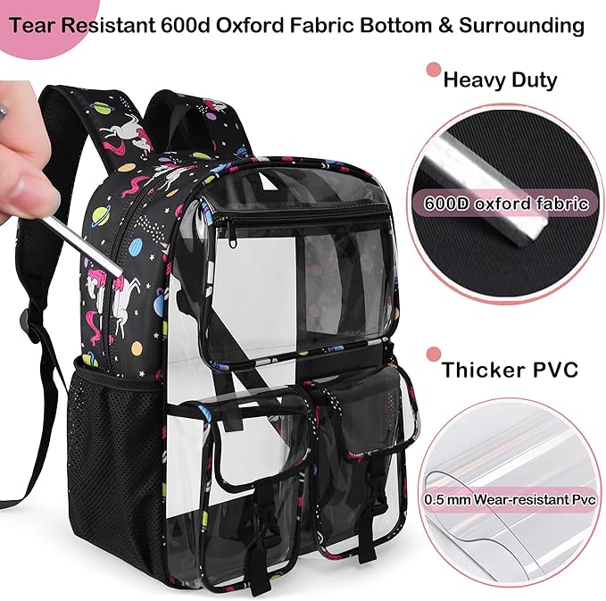 Clear Backpack for Girls, School Kids Heavy Duty See Through Bookbag Unicorn Transparent Backpack with Thicker Strap, Black