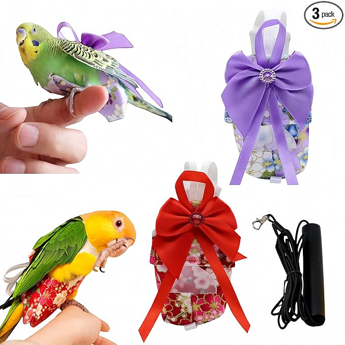 2 Pcs Bird Diapers Bird Harness Flight Suits Diapers with 80in Flying Leash Reusable Parrot Nappy with Waterproof Inner Layer for Cockatiel Budgie Conure Parakeet Lovebird-Red&Purple Sakura