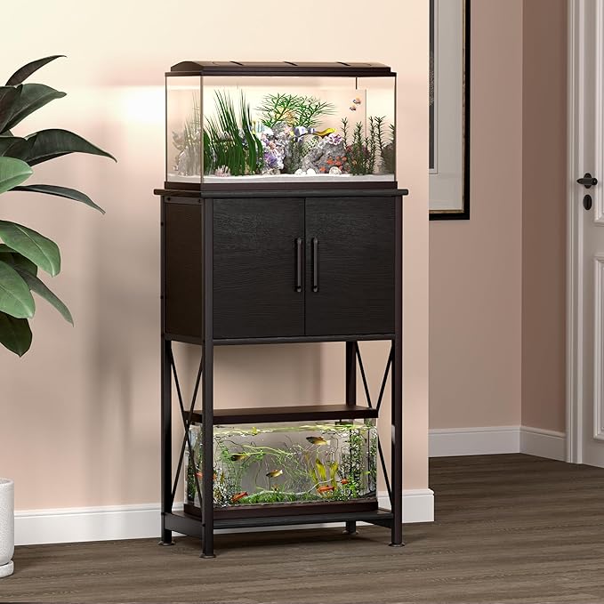 Herture 5-10 Gallon Fish Tank Stand, Metal Double Aquarium Stand with Cabinet for Fish Tank Accessories Storage, Heavy Duty 20.5" L* 11.02" W Tabletop, 500LBS Capacity Black PG06YGB