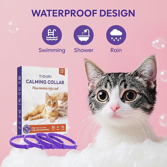 Cat Calming Collar 4 Pack – Pheromone Collar for Cats, Adjustable Breakaway, Water-Resistant, Stress Relief, Helps Reduce Scratching, Noise Sensitivity & Separation Anxiety