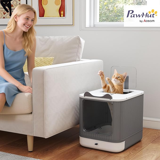 PawHut Cat Litter Box with Lid, Enclosed Litter Box for Medium Cats, Front-Entry and Top-Exit, Scoop, Deodorizer Bag, Easy Clean & Non-Sticky, Anti-Leakage, White