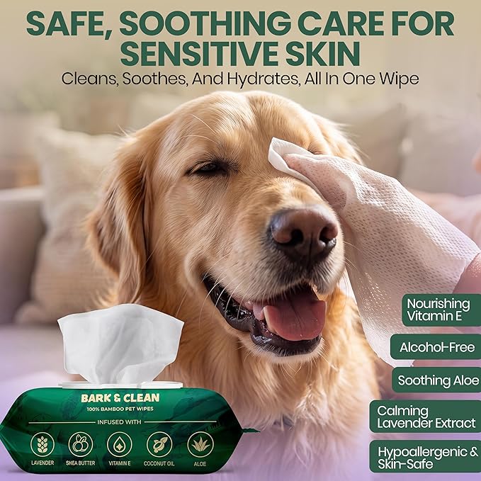 Bark & Clean Dog Wipes for Cleaning and Deodorizing - 2 Pack of 110 8.5" x 9" Bamboo Pet Wipes - Compostable, Hypoallergenic Puppy Wipes - Dog Wipes for Paws, Butt, and Body