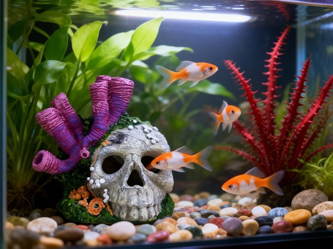 Skull Aquarium Hideout with Coral – Betta Fish Tank Decorations, Shrimp Cave & Small Fish Hideaway, Resin Underwater Skull Decor for Freshwater Aquarium