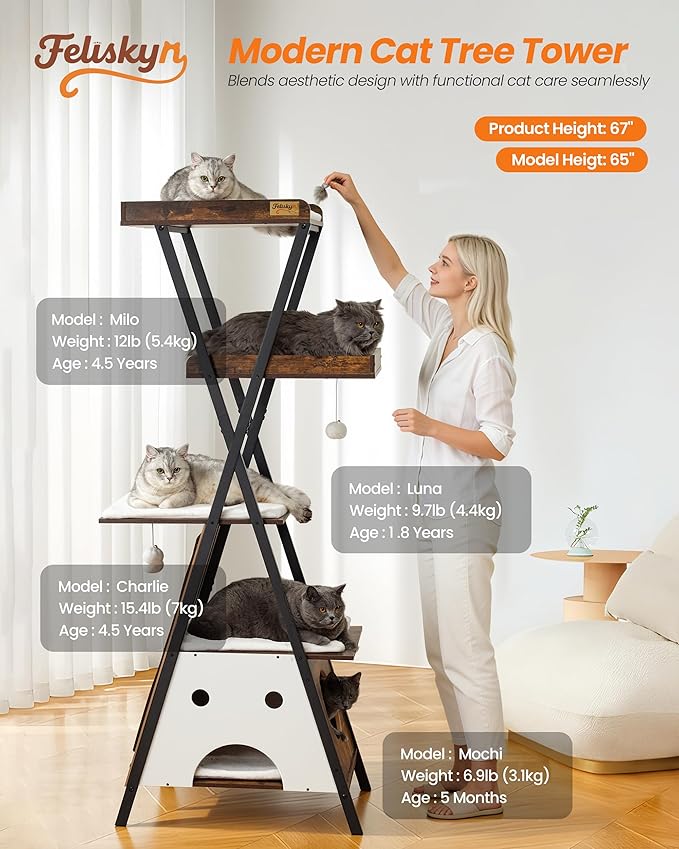 Modern Wood Cat Tree Tower for Indoor Cats Large Adult - 67 Inch Tall Multi-Level Heavy Duty Cat Condo Trees Furniture with Caves Perch Bed Scratching Board -XL Big Wooden Kitty House