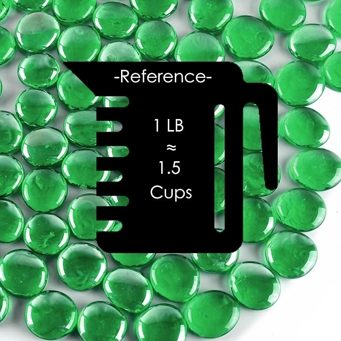 CYS EXCEL X-Large 1.1"-1.35" Green Glass Flat Gemstone Vase Fillers (1 LB) Multiple Color Choices Marble Beads Aquarium Rocks Floral Supplies Stones Decorative Mosaic Gem Pebbles (Approx. 28-35 PCS)