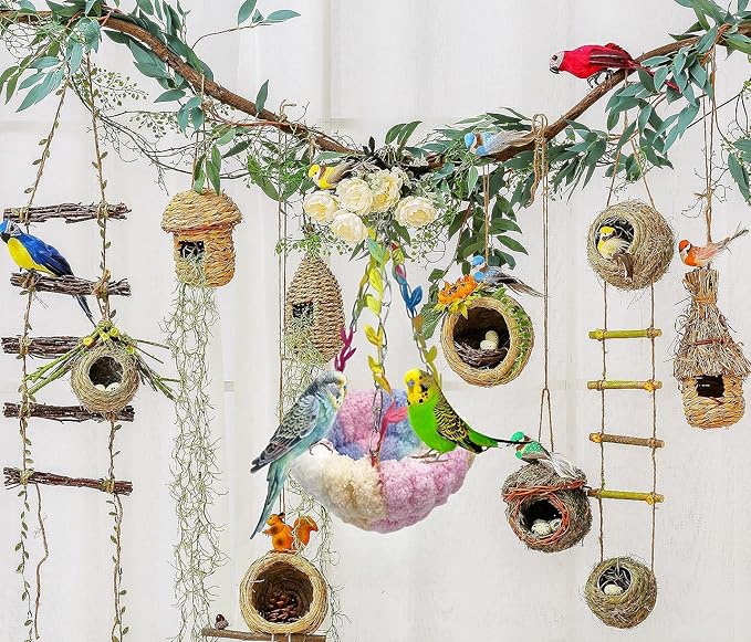 Hanging Bird Hammock for Cage Warm Plush Hanging Bird Bed Bird Snuggle Hut Parrot Hanging Sleeping Bird House for Parakeet, Conure, Budgie, Cockatiel, Lovebird, Finch, Hamster-Pink