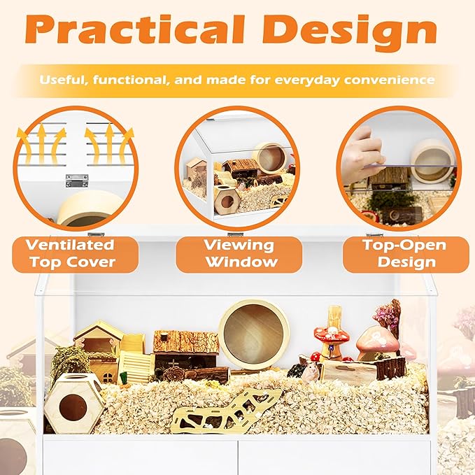 PROLEE Hamster Cage with Storage Cabinet,Large Hamster Encloure Chew Proof Wood,Clear View Hamster Habitat for Guinea Pig, Ferret, Rat, Hedgehog, 40" L x 20" W x 47" H (White)