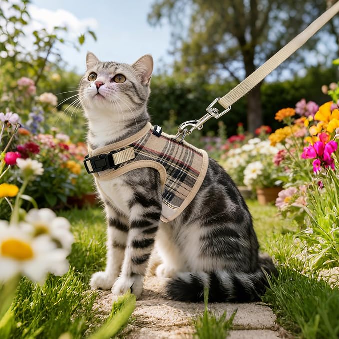 AIITLE Adjustable Bunny Harness & Leash Set - Soft Mesh Liner, Comfort Fit Plaid Pattern Vest with Magic Tape Design, Portable for Small Animal Pets Puppy Cat Rat Squirrel Ferret, Beige L