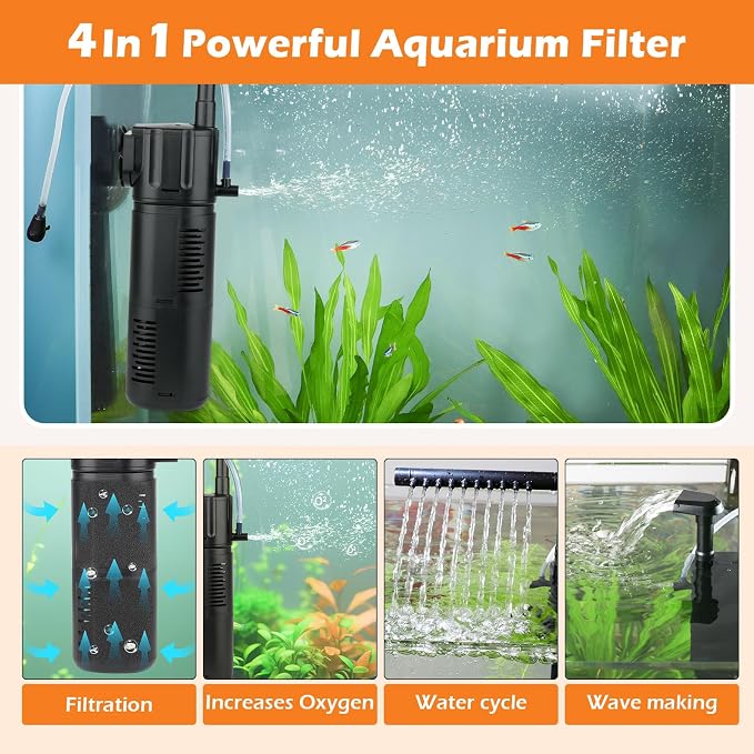 hygger Aquarium Internal Filter for 15-30 Gallon Tank, Flow Rate Adjustable 4 in 1 Submersible Fish Tank Filter with Aeration System,Filtration/Oxygenation/Waveker/Circulation