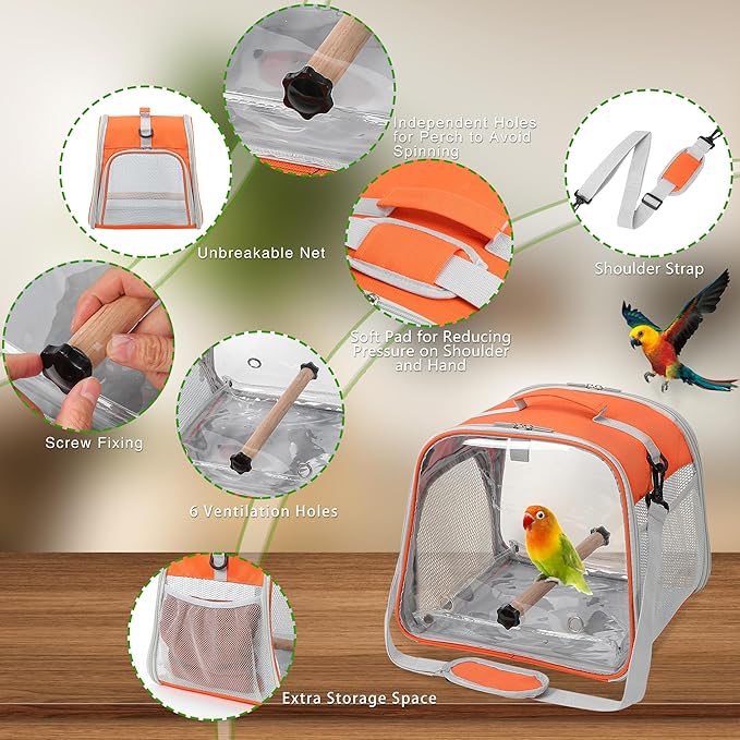 Small Bird Carrier, Large Window Travel Cage with Stand and Easy Clean Tray for Parrot Parakeet Cockatiels, Lightweight and Portable, Orange H
