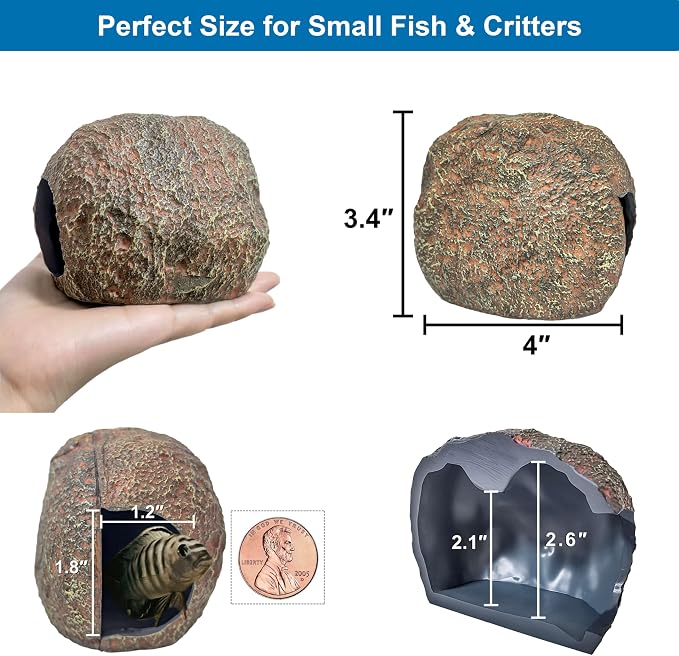 Magnetic Rock Aquarium Cave, Betta Fish Hideout & Fish Tank Decor | Fits glass or acrylic up to 0.5 in, dark interior hiding spot for shy pleco, cichlid, small fish and geckos, wipes clean
