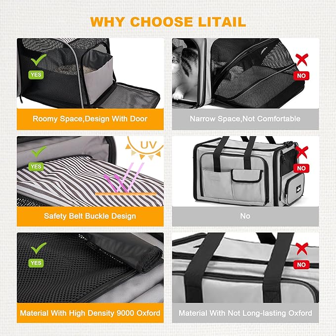 Cat Carrier with Litter Box, Soft Cat Travel Carrier with Food Carrier, Expandable Portable Cat Carrier for Car Travel, up to 20 lbs for Road Trip, Camping, Hiking, Gray