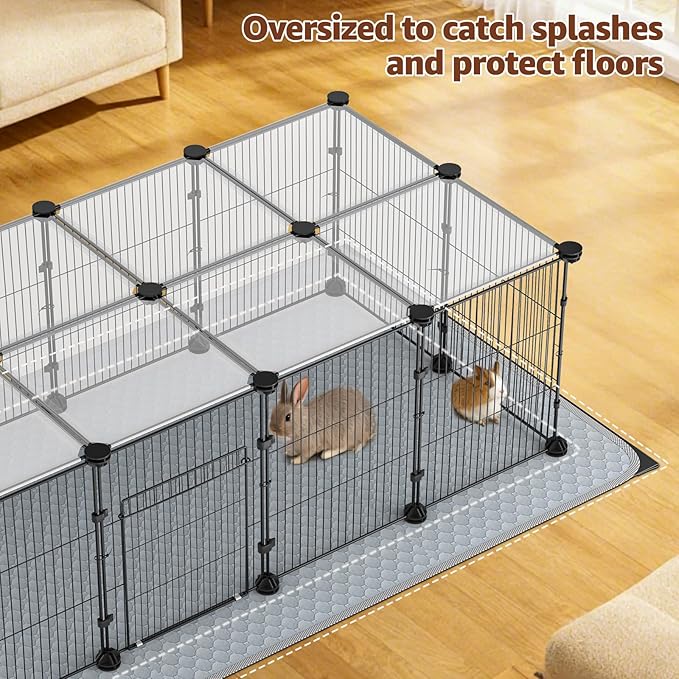 Tinnmao 20 Panels Small Animal Playpen with Roof, Waterproof Base Mat + 2PCS Washable Pee Pads, Indoor Denser & Thicker C&C Grid Cage for Guinea Pigs Rabbit Puppy Kitty Accessories (Black Metal Frame)