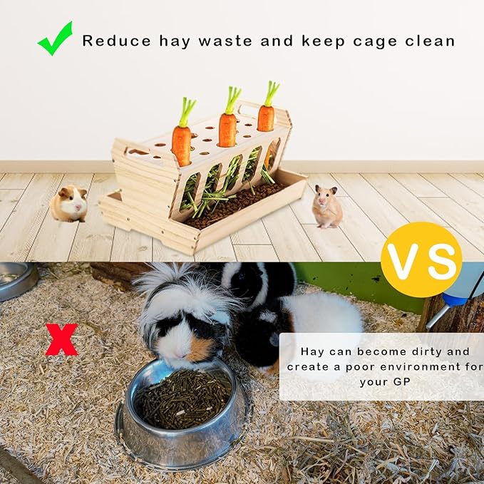 Rabbit Hay Feeder, Large Capacity Wooden Hay Feeder for Rabbits Guinea Pigs Chinchillas, Pet-self Feeding Hay Manager Alfalfa Timothy Dispenser Grass Holder Carrot Feeders for Bunny