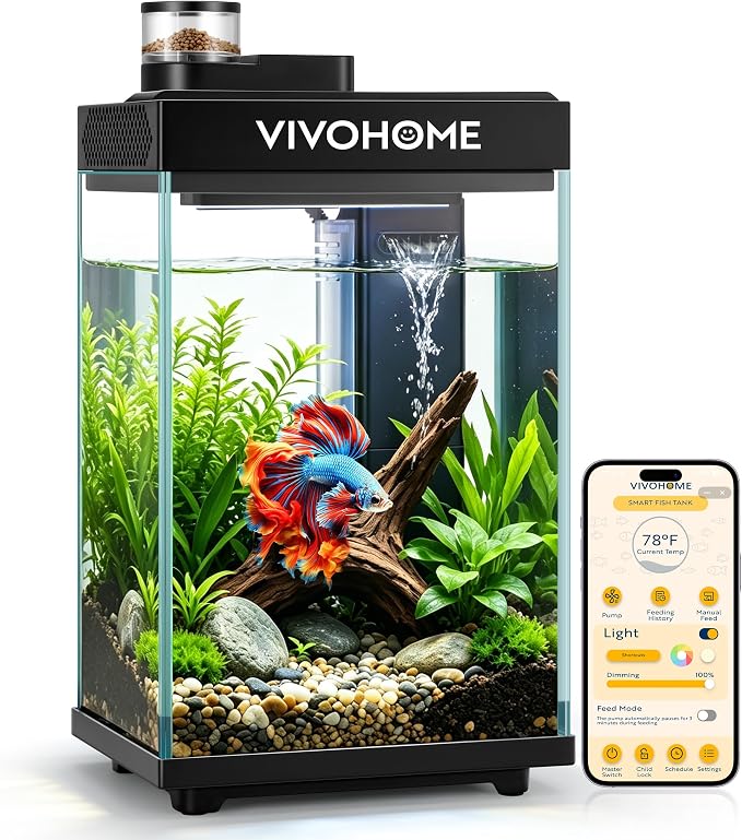 VIVOHOME 2 Gallon Smart Fish Tank with APP Control and Auto Feeder | Aquarium Starter Kit with Filter and Pump, Temperature Display, RGB LED Light, Desktop Nano Aquascape Tank for Shrimp, Betta