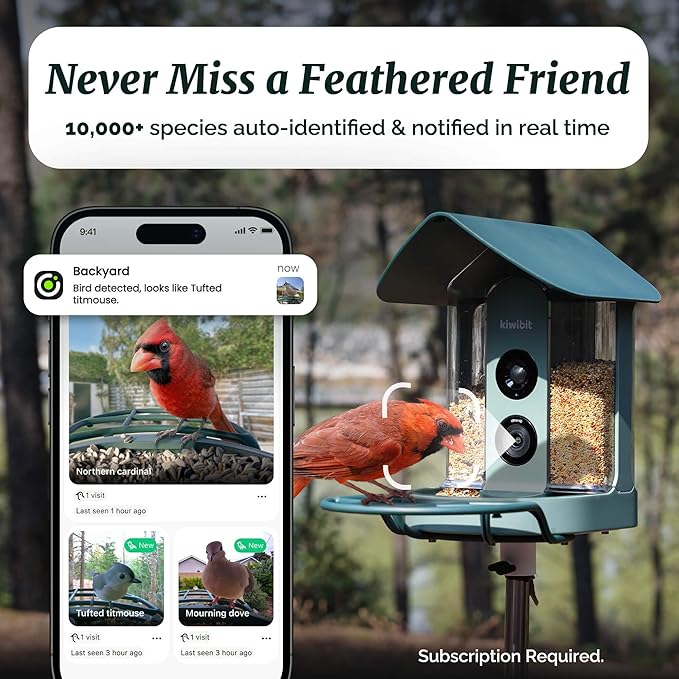 Kiwibit Smart Bird Feeder with Camera, Solar Powered for Outdoors, Bird Species AI Identification, 8MP Photo, 4K Video Livestream, Real-Time Bird Alert, Birdwatching Gift for Bird Lovers, Forest Birch