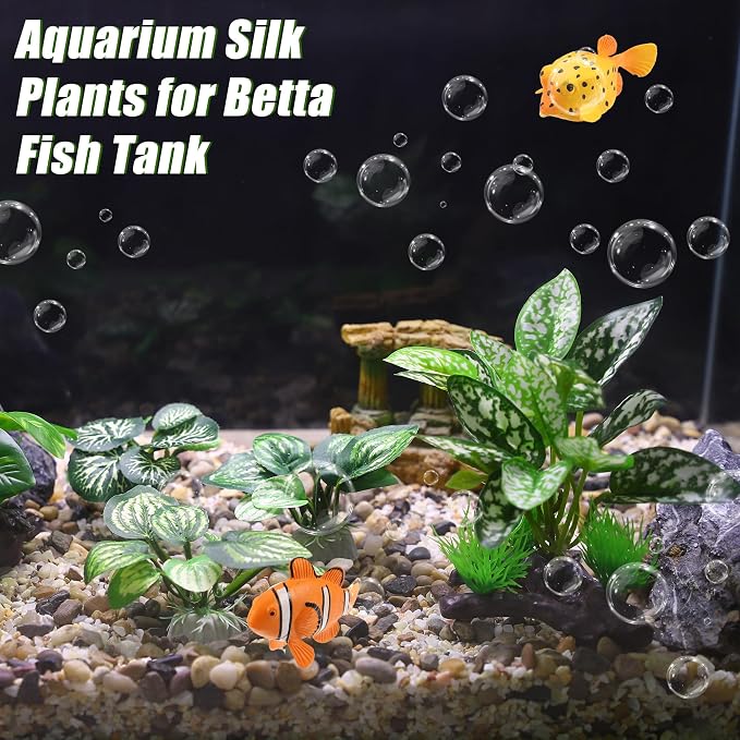 Aquarium Plastic Plants, Driftwood Betta Silk Plants, Silk Plants Aquarium Set Decorations, Silk Aquarium Plants for Betta Fish (Green, 5pcs)