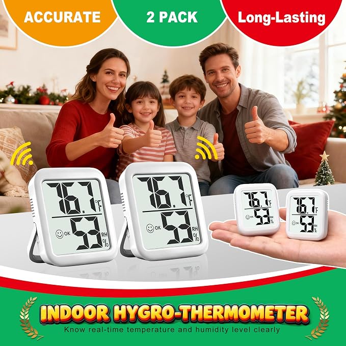 2 Pack Room Thermometer Indoor Hygrometer | Monitor Temperature & Humidity, Accurate, Fast Read, Easy To View, Magnetic/Kickstand/Hanging, ℉/℃, w/ Battery, Compact