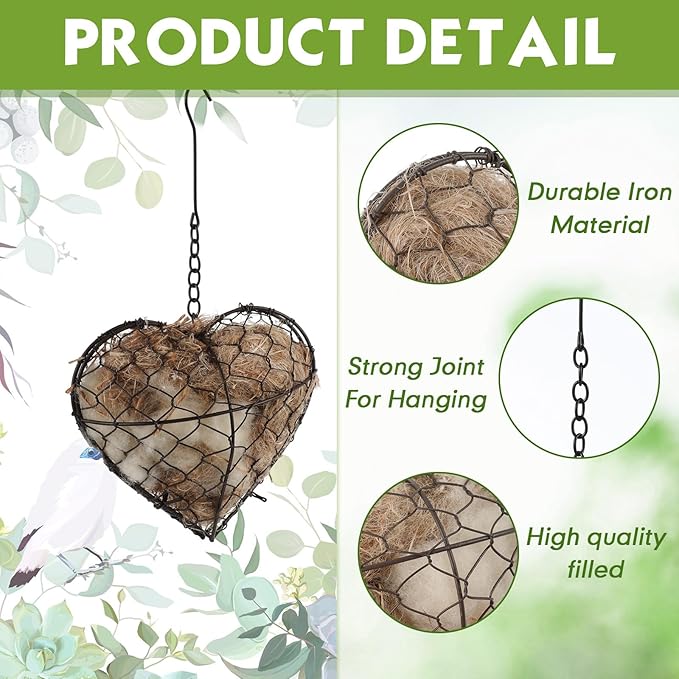 Menkxi 4 Pcs Bird Nesting Material, Hummingbird Nest Gift Enjoy Birds Gardening Outside Cute Decor Refillable Nesting Gift for Bird Lovers, Spring Garden Decoration Gifts (Heart Shaped)