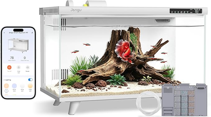 M1 5 Gallon Aquarium Starter Kit, App Control Smart Fish Tank with Filter, Auto Feeder, Quiet Pump, Timer Light, Temp Display, Crystal-Clear Glass Desktop Betta Tank for Guppy Shrimp, White