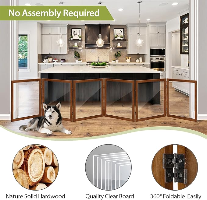LZRS Extra-Wide Clear Dog Gate for Indoor Use - Transparent Pet Fence with Solid Hardwood and Plastic Board, Stylish & Durable freestanding Pet Gate for Doorways, Stairs and Hallways-6 Panel Cherry