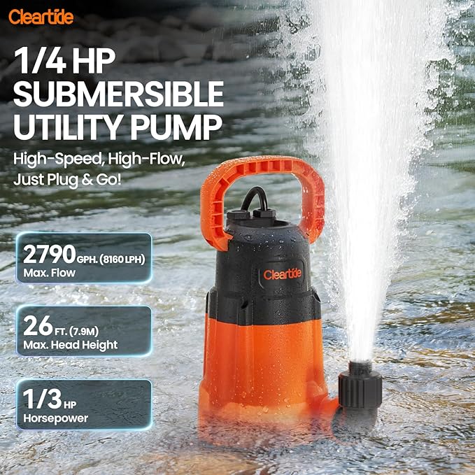 Cleartide Submersible Utility Water Pump, 1/3 HP 2790 GPH, 100% Copper Motor, Thermoplastic Portable Plug & Work, Ideal for Pool, Flooded Basement, Hot Tub, Pond & Garden Draining,10 FT Cord