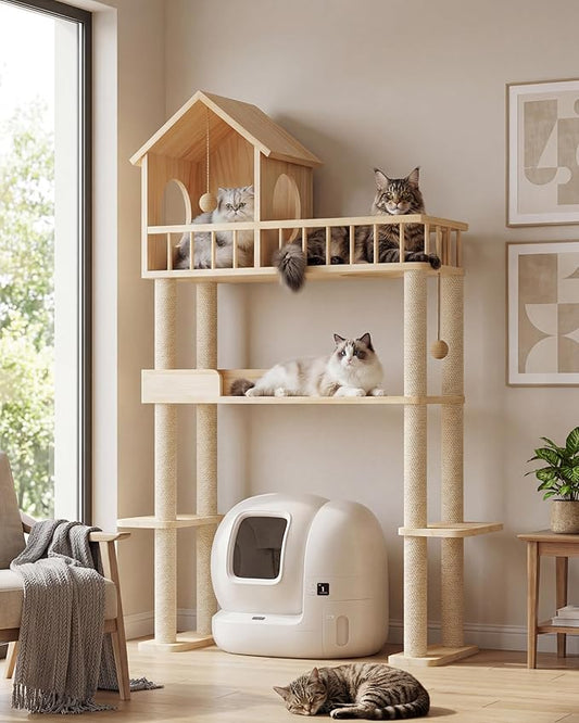 Wood Cat Tower for Automatic Litter Box, 60"H Cat Tree with Scratching Post, Multi-Level Solid Wood Cat Tree for Indoor Large Cats, Tall Cats Scratching Post Furniture w/Cats House, Burlywood