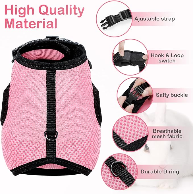 PETTOM Bunny Rabbit Guinea Pig Harness Stretchy Elastic Leash Cute Soft Mesh Small Pet Harness No Pull Comfort Outdoor Walking Jogging Padded Vest for Ferret Guinea Pig (Pink,L)