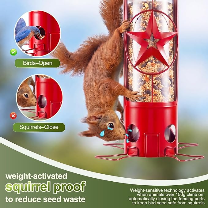 Squirrel Proof Bird Feeders for Outdoors with Weight-Activated, 3LB Large Metal Wild Bird Feeders for Cardinals,Blue Jay,Finch, Weatherproof Durable Tube Hanging Bird Feeder for Backyard,Garden,Patio