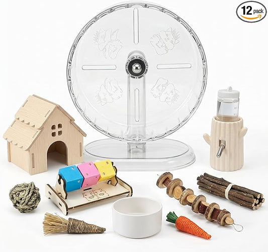 12-in-1 Hamster Cage Accessories Kit for Dwarf & Syrian Hamsters, Silent Exercise Wheel 9.5", Wooden Hideout, Water Bottle, Ceramic Food Bowl, Chew Toys & Small Animal Habitat Starter Set